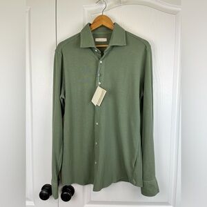 Luca Faloni Shirt Men 16 Green Cotton Pique Button Up Long Sleeve Made in Italy